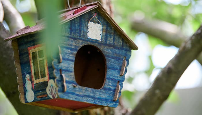 Homemade birdhouse in tree